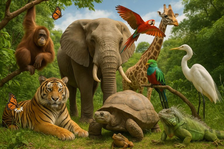 a variety of animals and birds representing biodiversity