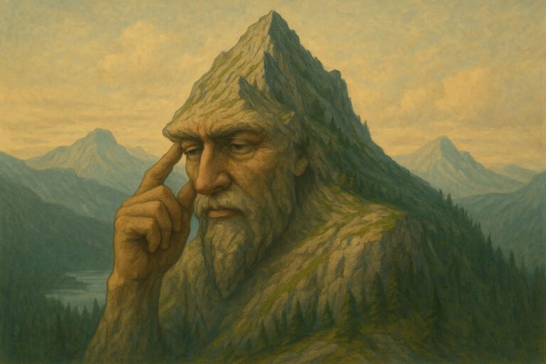 a human and mountain morphed together in a thinking pose