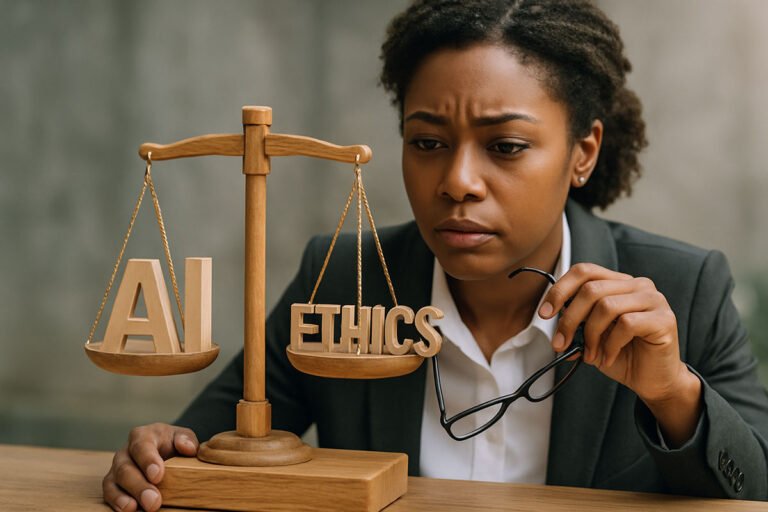 Woman looking at Scales balancing AI and Ethics