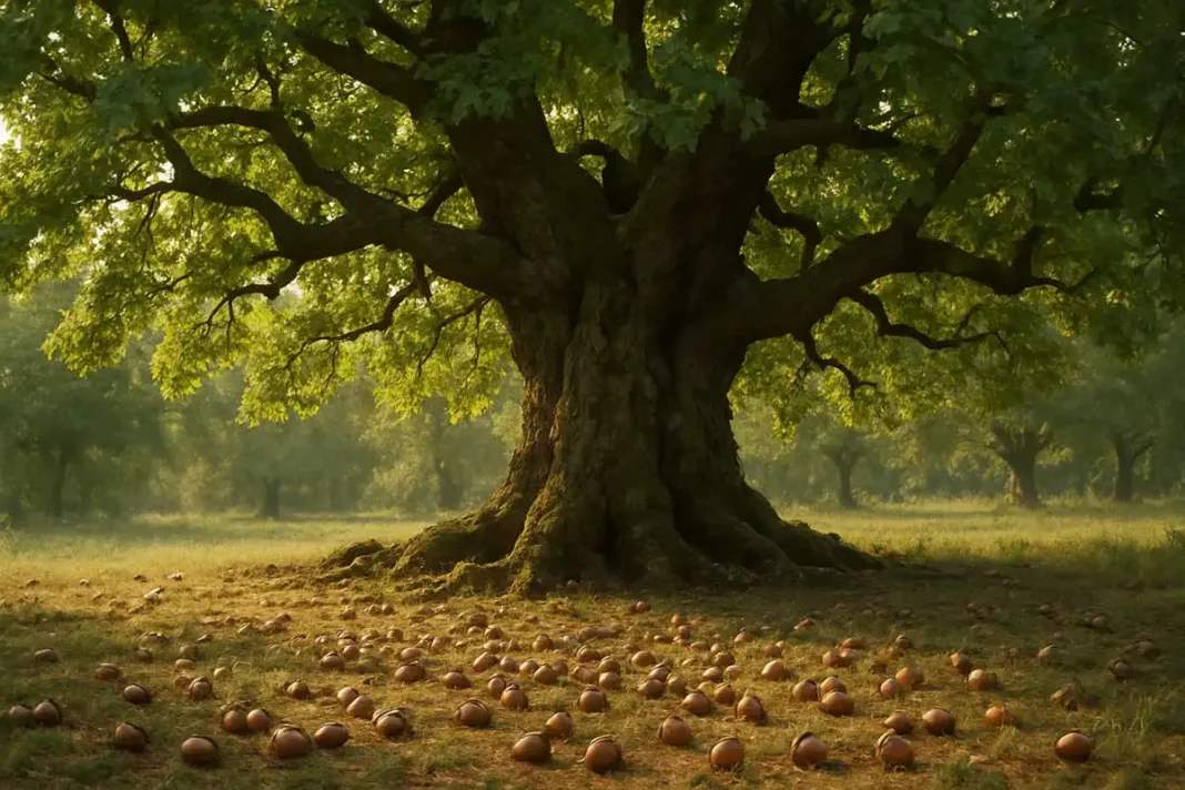 Ancient-Oak-with-Acorns Ancient oak tree with acorns around the base
