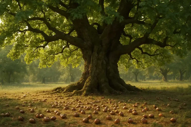Ancient oak tree with acorns around the base