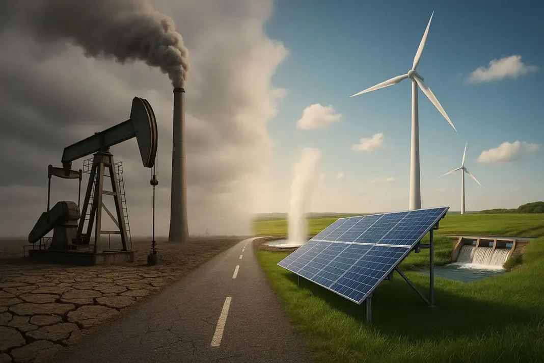 image with oil drilling solar panels and wind power