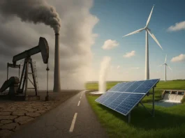image with oil drilling solar panels and wind power