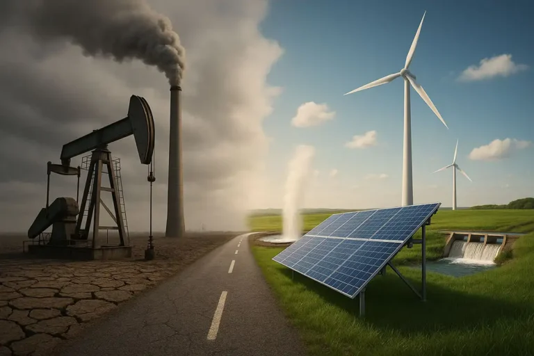 image with oil drilling solar panels and wind power