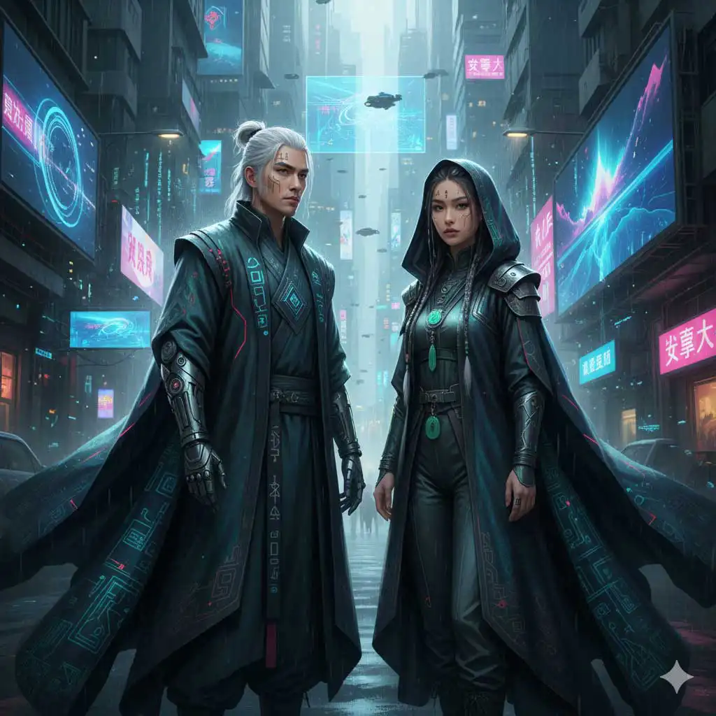 daoist_cyberpunk_couple futuristic_daoist_cyberpunk_couple_man_woman