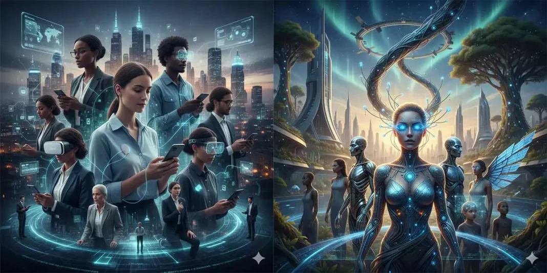 photo realistic graphic featuring aspects of transhumanism now and in the future - Credit Kevin Parker