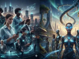 photo realistic graphic featuring aspects of transhumanism now and in the future - Credit Kevin Parker