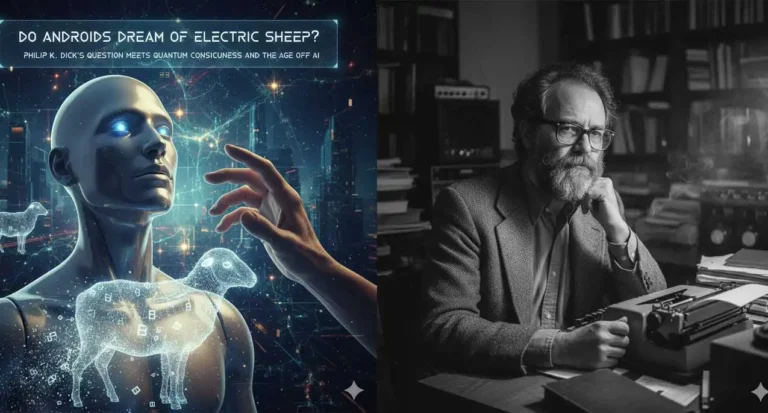 Science fiction concept art blending a futuristic android, quantum consciousness