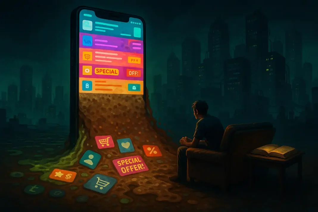 ChatGPT said: Dystopian smartphone sludge symbolizing digital enshittification