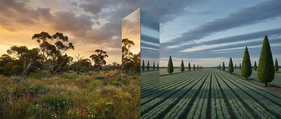 A wide panoramic landscape at dusk, split compositionally between two worlds, one wild, one tamed