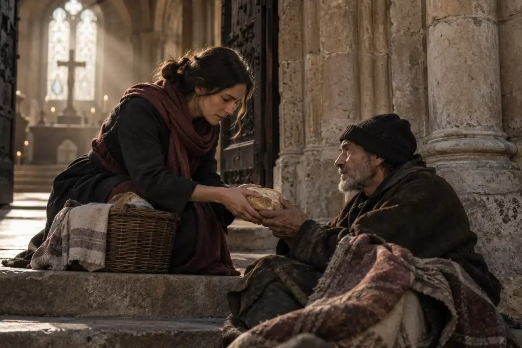 young_woman_giving_homeless_man_bread_on_church_steps